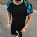 Men's raglan t-shirt in black with golden logo and tropical palm print sleeves - M / Black with Blue