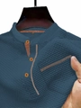 Detailed view of navy blue waffle knit texture and three-button collar on men's T-shirt - S / Denim Blue