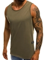 Close-up of olive green slim fit men's tank top with breathable fabric and side brand label - M / Army Green