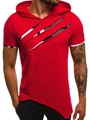 Detail of red hooded T-shirt with cutout camo pattern and asymmetrical hemline - M / Red