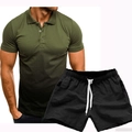 Men's olive green slim fit polo shirt and black athletic shorts casual summer set - Army Green