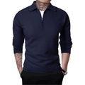 Men's navy blue waffle knit jacket with polo collar and half-zip casual long sleeves - S / Tops / Navy Blue