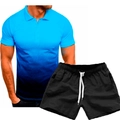Men's casual sports suit featuring a blue 3D gradient polo shirt and black drawstring shorts - Blue