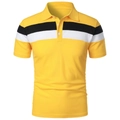 Close-up of polo shirt collar and striped chest pocket showing textured pique cotton fabric - Yellow