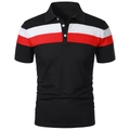 Detail of three-stripe contrast color pattern on men's short sleeve polo shirt - Black