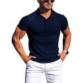 Polo homme bleu marine coupe ajustée avec texture à rayures verticales et trois boutons - Bleu Marine