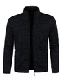 Detailed texture of dark grey men's knit cardigan with zipper closure and stand collar - S / Black