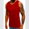 Detail shot of a red slim-fit men's sports tank top featuring an authentic hem label - M / Burgundy