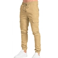 Men's khaki slim fit cargo jogger pants with elastic drawstring waist and side flap pockets - S / Khaki