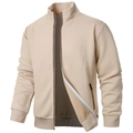 Men's waffle knit stand collar zipper jacket in khaki with ribbed cuffs and hem - S / Khaki