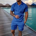 Close-up of blue men's polo set with geometric 3D embossed texture for summer vacation - XS / Blue (ZT187-ZK87-31)