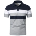 Men's polo shirt with navy, white and grey striped color block and ribbed collar design - Navy and Light Gray