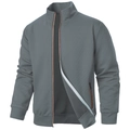 Men's grey stand collar jacket with textured jacquard knit and orange zipper accents - S / Dark Gray