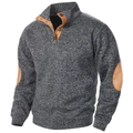 Detail of men's stand collar sweater with brown faux suede elbow patches and half-zip - S / Black and Gray