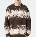 Macro detail of men striped knit sweater featuring pixelated brown and white patterns - M / Coffee