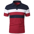 Men's polo shirt with red, white, and navy tricolor stripes and classic pique cotton texture - Navy Blue & Red