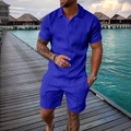 Detail of blue men's polo set featuring unique 3D geometric herringbone texture - XS / Blue (ZT187-ZK87-29)
