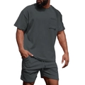 Men's dark grey corduroy t-shirt and shorts set with ribbed texture and crew neck - S / Dark Gray
