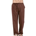 Men's loose fit linen trousers in dark brown featuring a drawstring waist and pockets - Brown