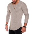 Detailed close-up of men's slim fit long sleeve knit tee with ribbed texture and curved hem - Dark Khaki