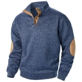 Detail view of men's navy marled knit sweater with brown faux suede elbow patches - S / Navy Blue