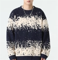 Close-up of men's navy knit sweater with beige pixelated stripe pattern and crew neck - M / Navy Blue