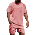 Men's coral pink corduroy casual two-piece set with crewneck t-shirt and drawstring shorts - S / Pink