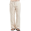Close-up of drawstring elastic waistband and texture on beige linen casual pants - Khaki
