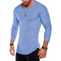Detail of blue long-sleeve knit T-shirt featuring curved hem and textured patchwork fabric - Royal Blue