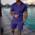 Men's purple two-piece polo set with 3D diamond jacquard texture for summer leisure - XS / Deep Purple (ZT187-ZK87-30)