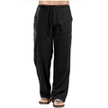 Detail of men's linen drawstring waist trousers with breathable fabric and straight fit - S / Black