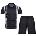 Detail of men's black polo set showing 3D geometric pattern and drawstring waistband - XS / Top And Bottom / Black and White Patchwork (ZT187-ZK87-25)