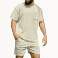 Men's casual corduroy two-piece set with crew neck t-shirt and drawstring shorts in beige - Beige