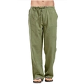 Men's breathable olive green cotton linen loose fit wide leg casual pants with drawstring - Army Green