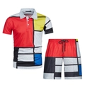 Detail of Mondrian style 3D geometric print fabric on polo shirt and drawstring shorts - XS / Top And Bottom (ZT187-ZK87-22) / Mondrian Geometric Contrast