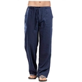 Detail view of dark blue linen wide-leg pants with elastic drawstring waist for men - S / Navy Blue
