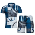 Detail of 3D geometric pattern on men's summer polo shirt and matching drawstring shorts - XS / Top And Bottom / Navy Geometric Block (ZT187-ZK87-20)