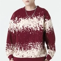 Men's loose burgundy knit sweater with cream pixelated pattern and silver chain detail - M / Burgundy