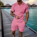 Men's summer casual polo shirt and shorts set with pink 3D geometric texture - XS / Top And Bottom / Red