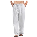 Detail view of white linen pants featuring elastic drawstring waist and patch pockets - S / White