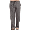 Detail view of grey linen cotton pants with elastic drawstring waist and loose straight fit - Dark Gray