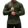 Detail of army green slim fit shirt with stand collar and textured buttons - Army Green