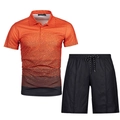 Detail of men's orange polo and black shorts with 3D geometric patterns and drawstrings - XS / Top And Bottom / Orange Black Geometric Dot Style (ZT187-ZK87-13)