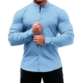 Detailansicht des himmelblauen Slim-Fit Langarmhemdes mit Stehkragen und Knopfleiste - S / Himmelblau