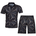 Men's summer casual polo set with 3D gold geometric print on black quick-dry fabric - XS / Top And Bottom / Black Gold 3D Geometric Line Print (ZT187-ZK87-8)