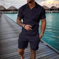 Men's summer casual polo shirt and shorts set with 3D textured herringbone pattern - XS / Top And Bottom / Deep Indigo