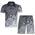 Detail of men's polo set featuring a 3D hexagonal geometric gradient pattern on fabric - XS / Top And Bottom / Black Grey Gradient Honeycomb Print (ZT187-ZK87-6)