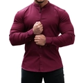 Slim fit men's wine red long sleeve mandarin collar button shirt with subtle stretch - Burgundy