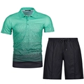 Detail van heren poliset met groen 3D-verlooppatroon en sportshort met trekkoord - XS / Groen en Zwart Verloop Geometrische Stijl (ZT187-ZK87-3)