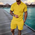 Detailed view of yellow men's summer polo set featuring textured 3D geometric knit fabric - XS / Bright Yellow (ZT187-ZK87-35)